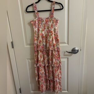 Reset by Jane NWT Sabine Dress White Pink Multi Pattern Tiered Ruffle Midi Dress